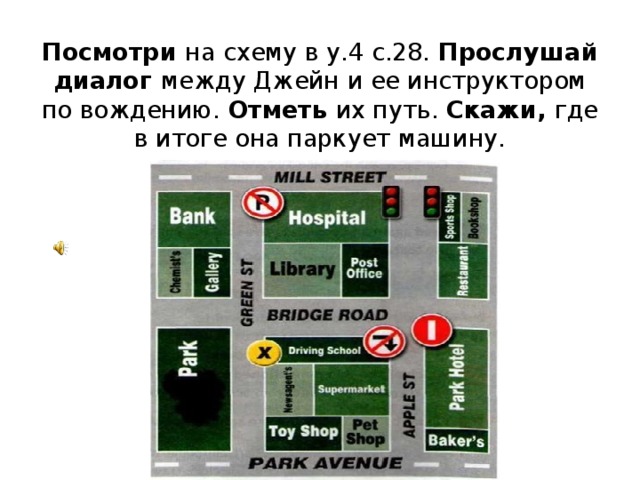 Посмотри на схему в у.4 с.28. Прослушай диалог между Джейн и ее инструктором по вождению. Отметь их путь. Скажи, где в итоге она паркует машину. 