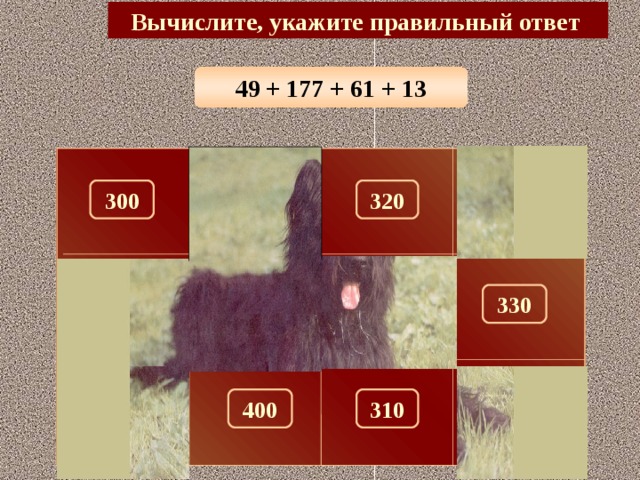 Вычислите, укажите правильный ответ 49 + 177 + 61 + 13 320 300 290 100 180 330 280 150 260 310 400 270