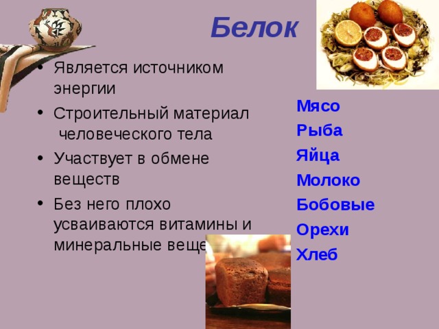 Белок Является источником энергии Строительный материал человеческого тела Участвует в обмене веществ Без него плохо усваиваются витамины и минеральные вещества Мясо Рыба Яйца Молоко Бобовые Орехи Хлеб   