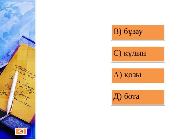 В) бұзау С) құлын А) қозы Д) бота 
