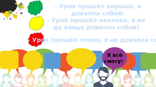 - Урок прошёл хорошо, я доволен собой! - Урок прошёл неплохо, я не до конца доволен собой! - Урок прошёл плохо, я не доволен собой!  Я всё смогу! 