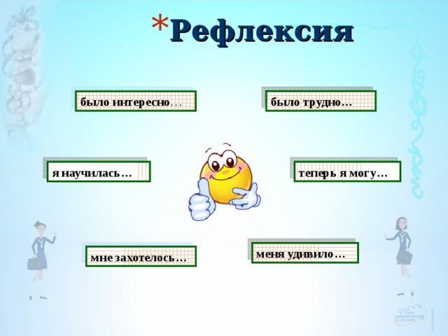 Рефлексия было трудно…  было интересно …  теперь я могу…  я научилась…  меня удивило…  мне захотелось… 