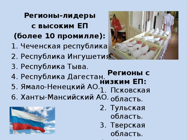  Регионы-лидеры  с высоким ЕП  (более 10 промилле): 1. Чеченская республика. 2. Республика Ингушетия. 3. Республика Тыва. 4. Республика Дагестан. 5. Ямало-Ненецкий АО. 6. Ханты-Мансийский АО.  Регионы с низким ЕП: Псковская область. Тульская область. Тверская область.  Новгородская обл. Тамбовская обл. 