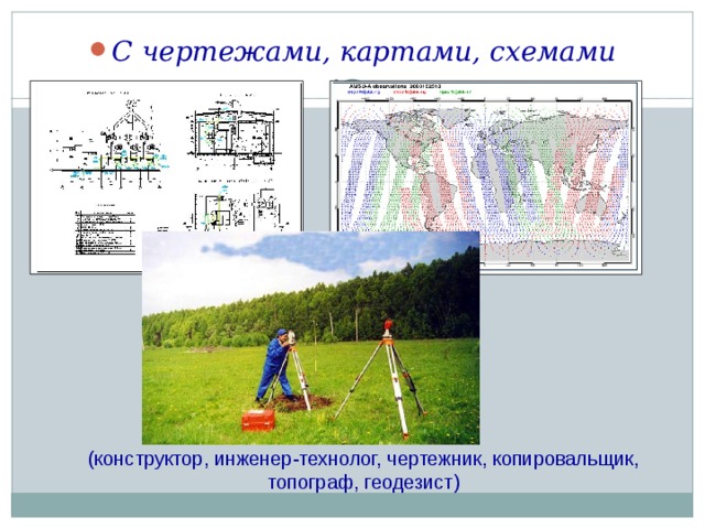 С чертежами, картами, схемами (конструктор, инженер-технолог, чертежник, копировальщик, топограф, геодезист) 