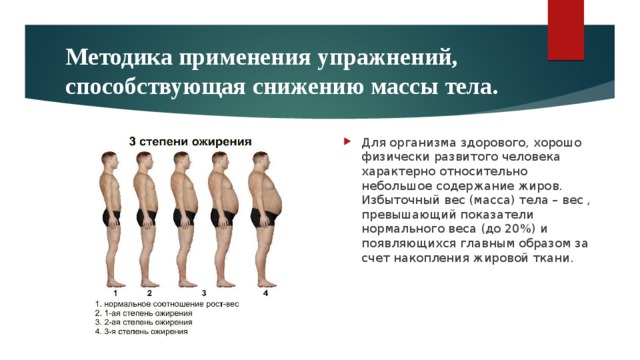 Методика применения упражнений, способствующая снижению массы тела. Для организма здорового, хорошо физически развитого человека характерно относительно небольшое содержание жиров. Избыточный вес (масса) тела – вес , превышающий показатели нормального веса (до 20%) и появляющихся главным образом за счет накопления жировой ткани. 