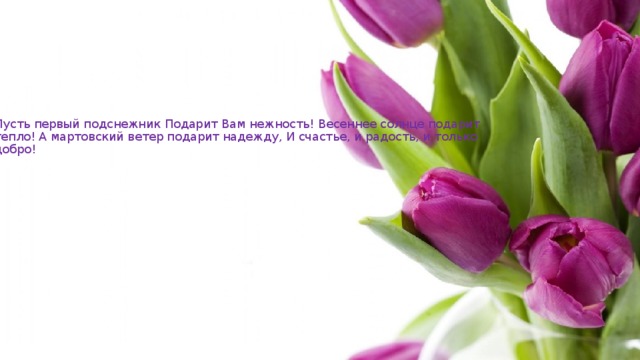 Пусть первый подснежник Подарит Вам нежность! Весеннее солнце подарит тепло! А мартовский ветер подарит надежду, И счастье, и радость, и только добро! 