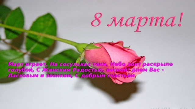 Март играет, На сосульках тени, Небо зонт раскрыло голубой, С Женским Радостью, весной! днем Вас - Ласковым и звонким, С добрым счастьем , 