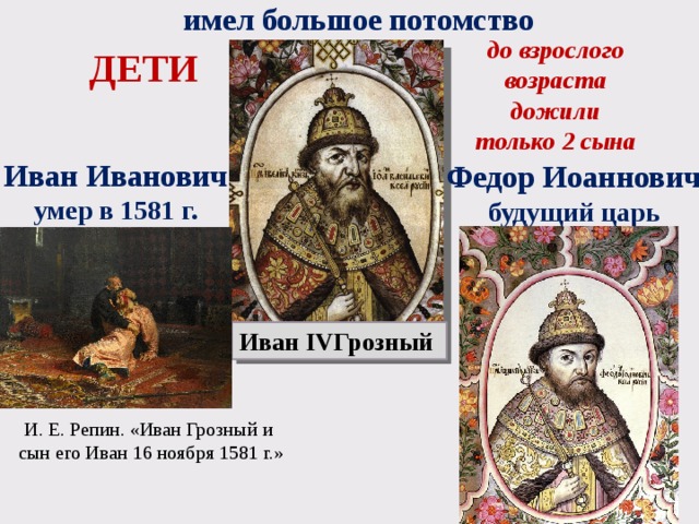   имел большое потомство до взрослого возраста дожили только 2 сына  ДЕТИ Иван Иванович умер в 1581 г. Федор Иоаннович будущий царь Иван IVГрозный И. Е. Репин. «Иван Грозный и  сын его Иван 16 ноября 1581 г.» 