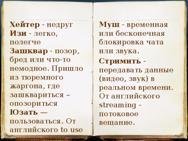 Хейтер  - недруг Изи  - легко, полегче Муш - временная или бесконечная блокировка чата или звука. Зашквар  - позор, бред или что-то немодное. Пришло из тюремного жаргона, где зашквариться – опозориться Стримить  - передавать данные (видео, звук) в реальном времени. От английского streaming - потоковое вещание. Юзать  — пользоваться. От английского to use – использовать.  
