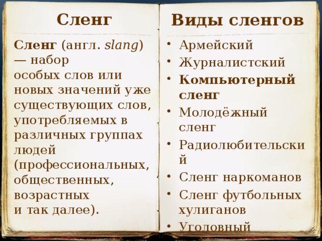 Сленг Виды сленгов Армейский  Журналистский  Компьютерный сленг Молодёжный сленг Радиолюбительский Сленг наркоманов Сленг футбольных хулиганов Уголовный Сленг  (англ.  slang ) — набор особых слов или новых значений уже существующих слов, употребляемых в различных группах людей (профессиональных, общественных, возрастных и так далее).  
