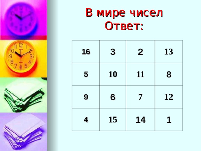 В мире чисел  Ответ: 16 3 5 10 2 9 4 13 11 6 15 8 7 12 14 1
