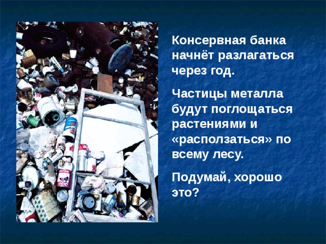 Консервная банка начнёт разлагаться через год. Частицы металла будут поглощаться растениями и «расползаться» по всему лесу. Подумай, хорошо это? 