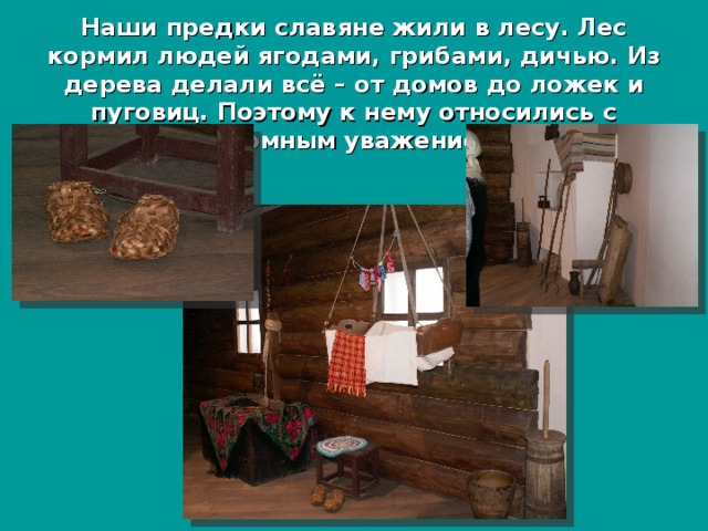Наши предки славяне жили в лесу. Лес кормил людей ягодами, грибами, дичью. Из дерева делали всё – от домов до ложек и пуговиц. Поэтому к нему относились с огромным уважением! 