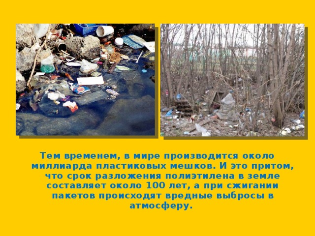 Тем временем, в мире производится около миллиарда пластиковых мешков. И это притом, что срок разложения полиэтилена в земле составляет около 100 лет, а при сжигании пакетов происходят вредные выбросы в атмосферу. 