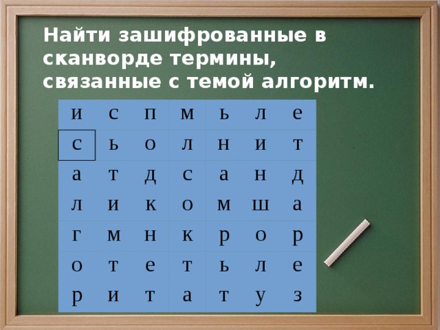Найти зашифрованные в сканворде термины, связанные с темой алгоритм. и с с а ь п м т л о ь л г д и л м с о к н е а о р и н т и к н т м е т д ш т р о а а ь т р л у е з 
