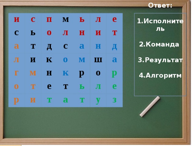 и с с ь а п л м о т ь л г д и м о к с н л р а н о т е и е и к м н т т р т ш д ь а а о т р л у е з Ответ:  1.Исполнитель  2.Команда  3.Результат  4.Алгоритм 