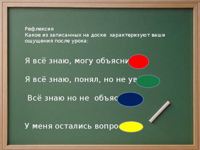 Рефлексия Какое из записанных на доске характеризуют ваши ощущения после урока: Я всё знаю, могу объяснить Я всё знаю, понял, но не уверен  Всё знаю но не объясню У меня остались вопросы 