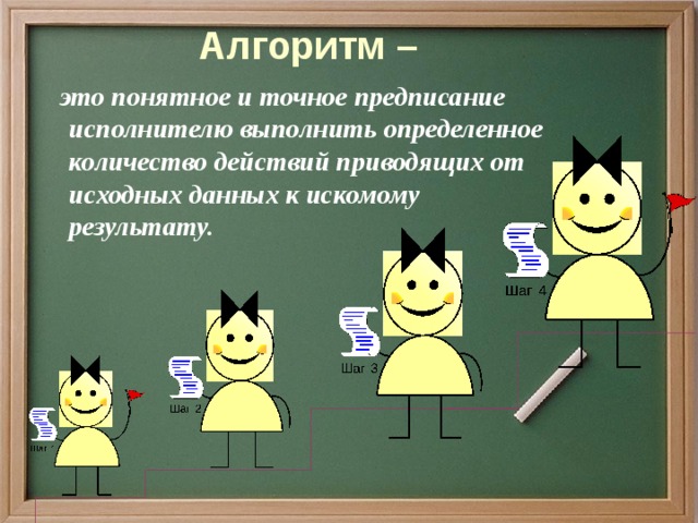 Алгоритм –  это понятное и точное предписание исполнителю выполнить определенное количество действий приводящих от исходных данных к искомому результату. 
