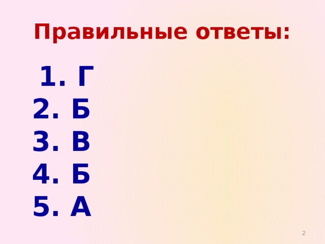 Правильные ответы:  1. Г  2. Б  3. В  4. Б  5. А