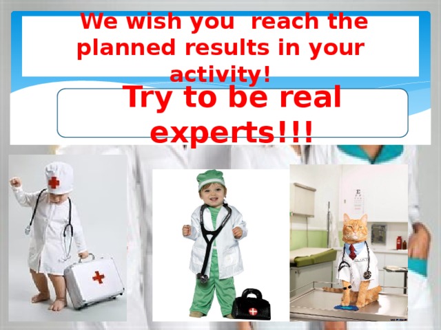  We wish you reach the planned results in your activity! Try to be real experts!!! 