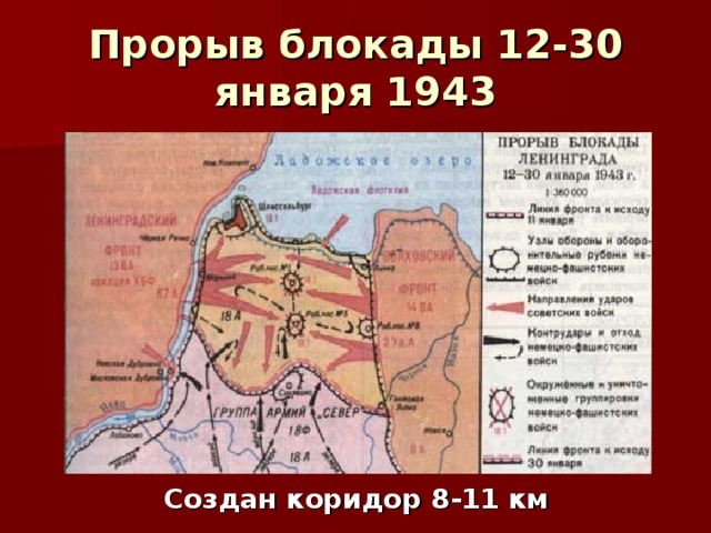 Прорыв блокады 12-30 января 1943 Создан коридор 8-11 км 