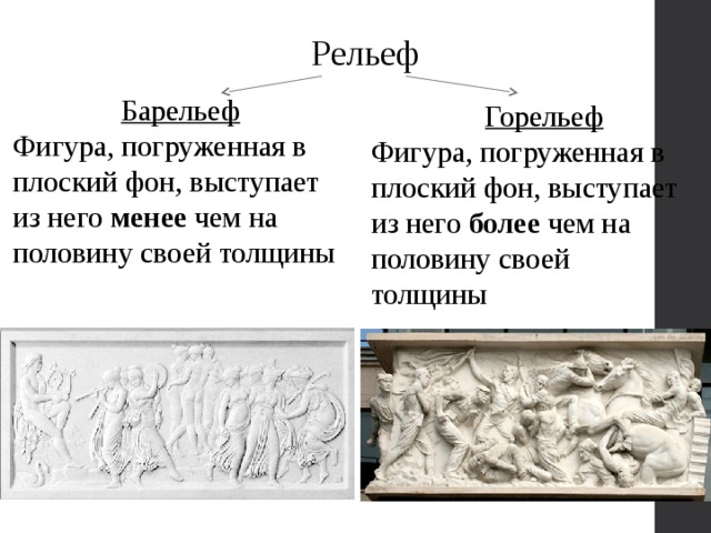 Рельеф Барельеф Фигура, погруженная в плоский фон, выступает из него менее чем на половину своей толщины Горельеф Фигура, погруженная в плоский фон, выступает из него более чем на половину своей толщины 