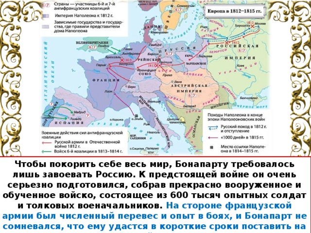 Чтобы покорить себе весь мир, Бонапарту требовалось лишь завоевать Россию. К предстоящей войне он очень серьезно подготовился, собрав прекрасно вооруженное и обученное войско, состоящее из 600 тысяч опытных солдат и толковых военачальников. На стороне французской армии был численный перевес и опыт в боях, и Бонапарт не сомневался, что ему удастся в короткие сроки поставить на колени российскую империю . 
