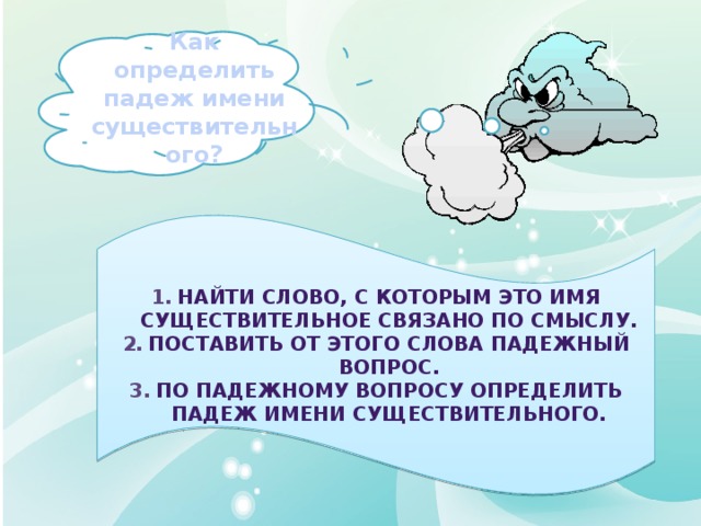 Как определить падеж имени существительного? Найти слово, с которым это имя существительное связано по смыслу. Поставить от этого слова падежный вопрос. По падежному вопросу определить падеж имени существительного. 