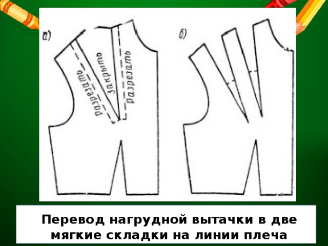 Перевод нагрудной вытачки в две мягкие складки на линии плеча 