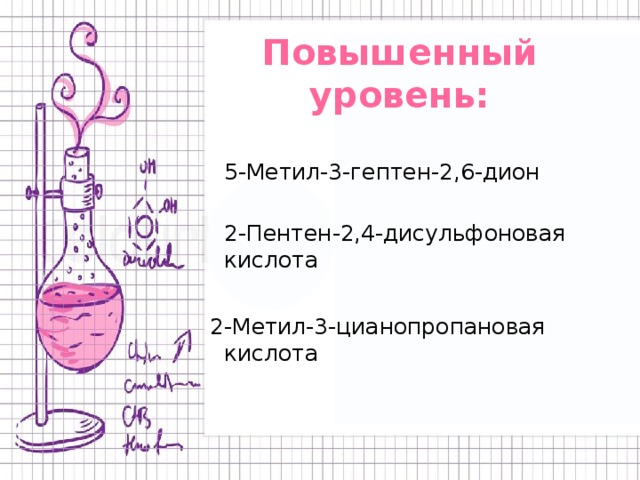 Повышенный уровень:  5-Метил-3-гептен-2,6-дион  2-Пентен-2,4-дисульфоновая кислота 2-Метил-3-цианопропановая кислота 