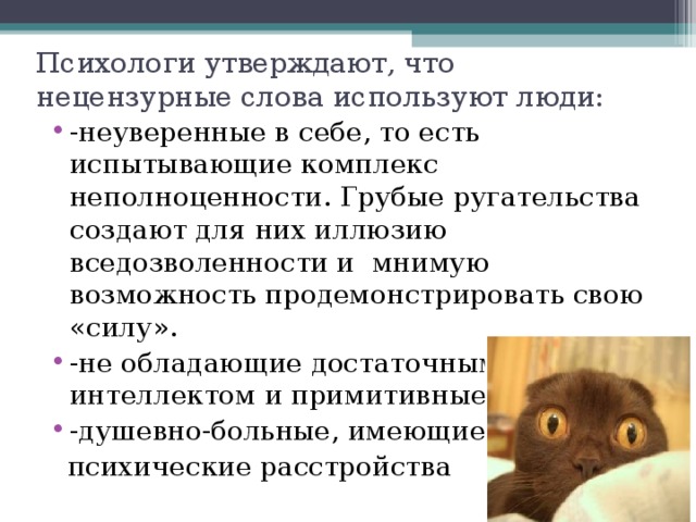 Психологи утверждают, что нецензурные слова используют люди: -неуверенные в себе, то есть испытывающие комплекс неполноценности. Грубые ругательства создают для них иллюзию вседозволенности и мнимую возможность продемонстрировать свою «силу». -не обладающие достаточным интеллектом и примитивные. -душевно-больные, имеющие  психические расстройства 