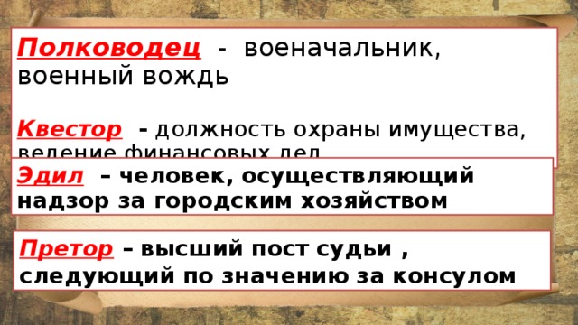 Полководец - военачальник, военный вождь Квестор - должность охраны имущества, ведение финансовых дел  Эдил – человек, осуществляющий надзор за городским хозяйством Претор – высший пост судьи , следующий по значению за консулом 