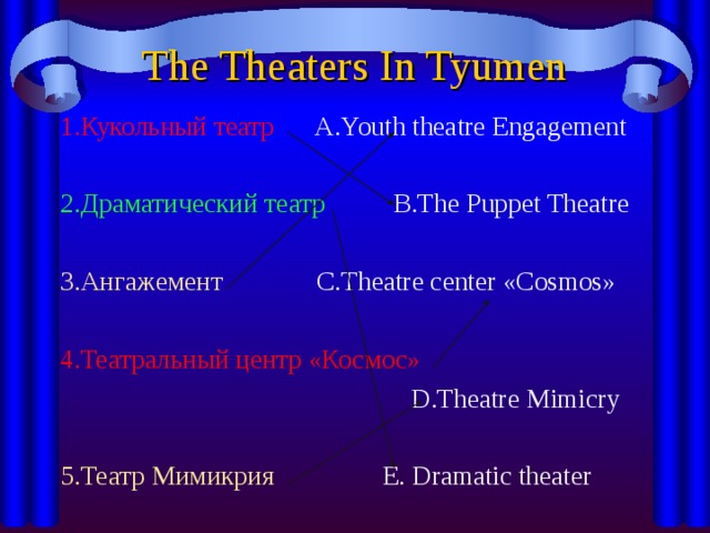 The Theaters In Tyumen 1.Кукольный театр A.Youth theatre Engagement 2.Драматический театр B.The Puppet Theatre 3.Ангажемент C.Theatre center «Cosmos» 4.Театральный центр «Космос»  D.Theatre Mimicry 5.Театр Мимикрия E. Dramatic theater 