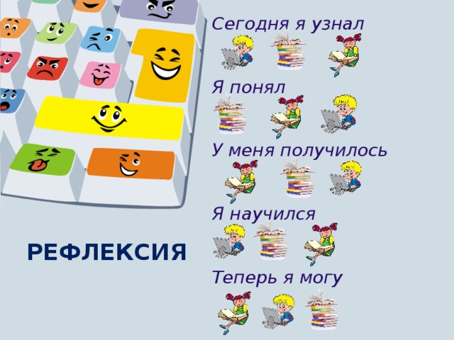 Сегодня я узнал   Я понял   У меня получилось   Я научился   Теперь я могу РЕФЛЕКСИЯ 