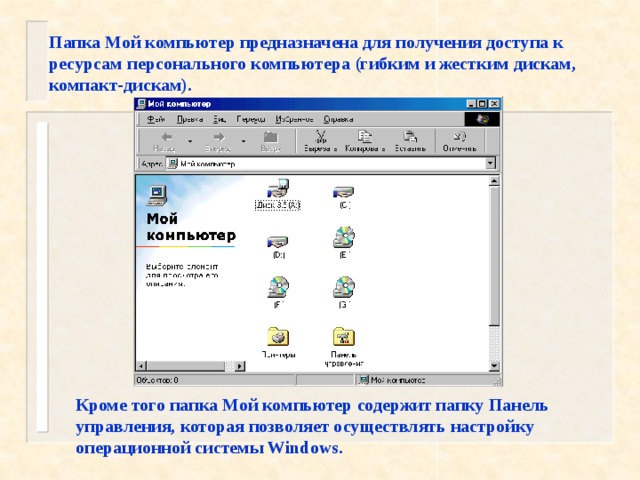 Папка Мой компьютер предназначена для получения доступа к ресурсам персонального компьютера (гибким и жестким дискам, компакт-дискам). Кроме того папка Мой компьютер содержит папку Панель управления, которая позволяет осуществлять настройку операционной системы Windows. 
