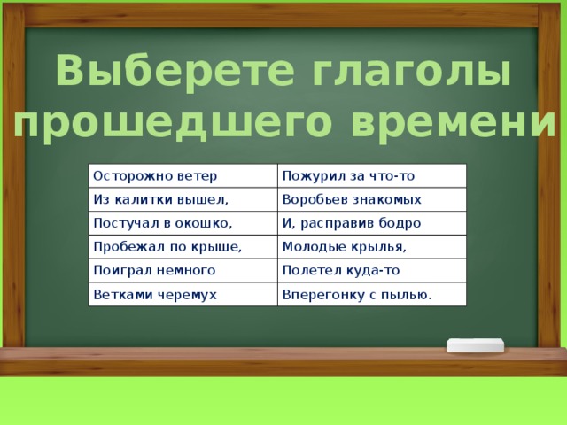 Выберете глаголы прошедшего времени   Осторожно ветер Пожурил за что-то Из калитки вышел, Воробьев знакомых Постучал в окошко, И, расправив бодро Пробежал по крыше, Молодые крылья, Поиграл немного Полетел куда-то Ветками черемух Вперегонку с пылью. 