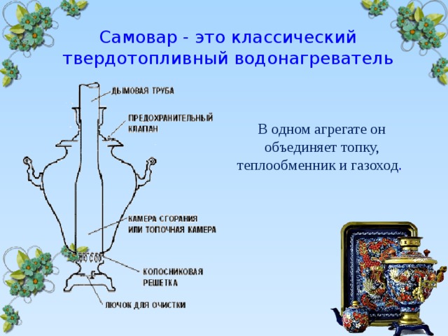 Самовар - это классический твердотопливный водонагреватель В одном агрегате он объединяет топку, теплообменник и газоход .  