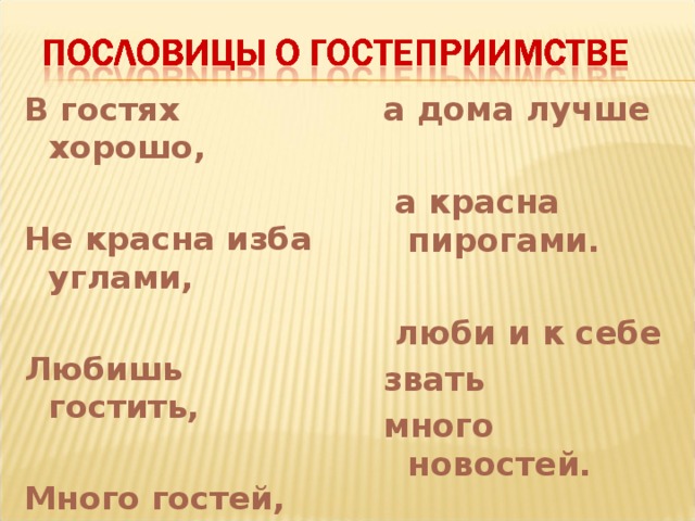 В гостях хорошо,  а дома лучше Не красна изба углами,  Любишь гостить,  Много гостей,   а красна пирогами.   люби и к себе звать много новостей. 