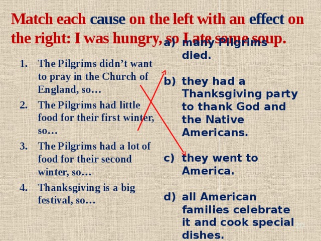 Match each cause on the left with an effect on the right: I was hungry, so I ate some soup. many Pilgrims died.  they had a Thanksgiving party to thank God and the Native Americans.  they went to America.  all American families celebrate it and cook special dishes. The Pilgrims didn’t want to pray in the Church of England, so… The Pilgrims had little food for their first winter, so… The Pilgrims had a lot of food for their second winter, so… Thanksgiving is a big festival, so…   