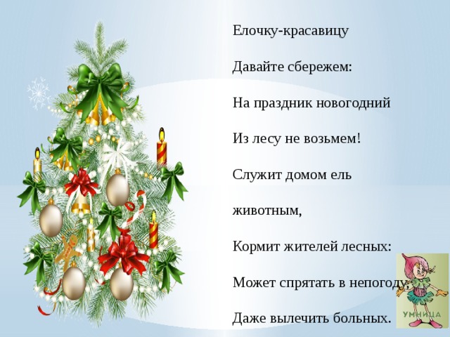 Елочку-красавицу   Давайте сбережем:   На праздник новогодний   Из лесу не возьмем! Служит домом ель животным,   Кормит жителей лесных:    Может спрятать в непогоду,   Даже вылечить больных. Если каждый ель возьмет   К празднику на Новый год,   То придут такие дни -   В лесу будут только пни. Пусть елочка-красавица   В лесу своем стоит.   За это вас природа...   Отблагодарит! 