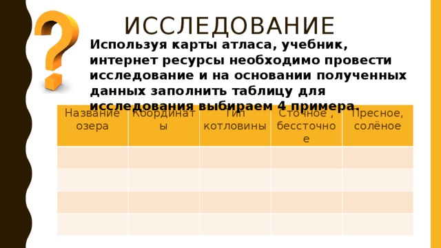 Исследование Используя карты атласа, учебник, интернет ресурсы необходимо провести исследование и на основании полученных данных заполнить таблицу для исследования выбираем 4 примера. Название озера Координаты Тип котловины Сточное , бессточное Пресное, солёное 