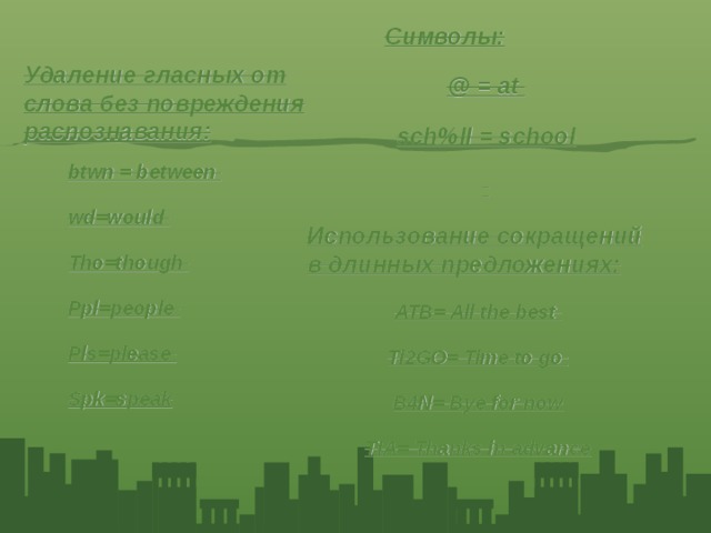 Символы: @ = at sch%ll = school  Удаление гласных от слова без повреждения распознавания :  btwn = between wd=would Tho=though Ppl=people Pls=please Spk=speak  Использование сокращений в длинных предложениях: ATB= All the best Ti2GO= Time to go B4N= Bye for now TIA= Thanks in advance  