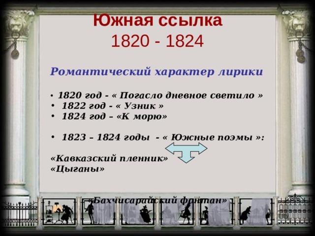 Южная ссылка  1820 - 1824 Романтический характер лирики   1820 г од - « Погасло дневное светило »  1822 г од - « Узник »  1824  год – «К морю»   1823  –  1824  г оды - « Южные поэмы » :  «Кавказский пленник» «Цыганы»   «Бахчисарайский фонтан» 