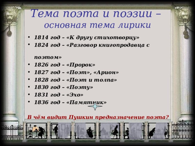 Тема поэта и поэзии –  основная тема лирики 1814 год – «К другу стихотворцу» 1824 год – «Разговор книгопродавца с поэтом» 1826 год – «Пророк» 1827 год – «Поэт», «Арион» 1828 год – «Поэт и толпа» 1830 год – «Поэту» 1831 год – «Эхо» 1836 год – «Памятник»  В чём видит Пушкин предназначение поэта?  