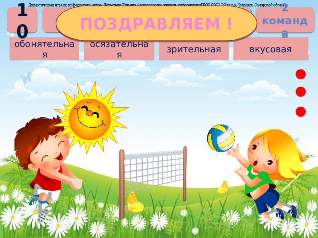 ПОЗДРАВЛЯЕМ ! 2 команда Какую информацию мы получаем с помощью кожи? 10 зрительная осязательная обонятельная вкусовая 