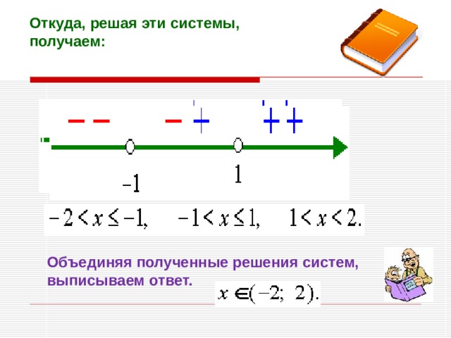 Откуда, решая эти системы, получаем: Объединяя полученные решения систем, выписываем ответ. 
