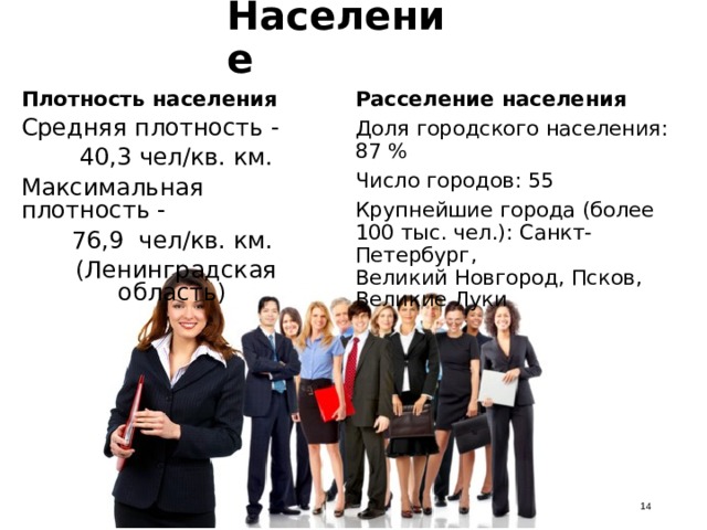 Население Расселение населения Доля городского населения: 87 % Число городов: 55 Крупнейшие города (более 100 тыс. чел.): Санкт-Петербург,  Великий Новгород, Псков, Великие Луки Плотность населения Средняя плотность - 40,3 чел/кв. км. Максимальная плотность - 76,9 чел/кв. км. (Ленинградская область)  