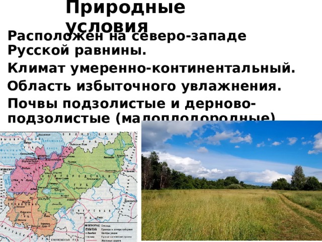 Природные условия Расположен на северо-западе Русской равнины. Климат умеренно-континентальный. Область избыточного увлажнения. Почвы подзолистые и дерново-подзолистые (малоплодородные)  