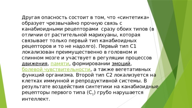 Другая опасность состоит в том, что «синтетика» образует чрезвычайно прочную связь с канабиоидными рецепторами  сразу обоих типов (в отличии от растительной марихуаны, которая связывает только первый тип канабиоидных рецепторов и то не надолго). Первый тип С1 локализован преимущественно в головном и спинном мозге и участвует в регуляции процессов движения , памяти , формировании эмоций , болевой чувствительности , а также вегетативных функций организма. Второй тип С2 локализуется на клетках иммунной и репродуктивной системы. В результате воздействия синтетики на канабиоидные рецепторы первого типа (С 1 ) грубо нарушается интеллект. 