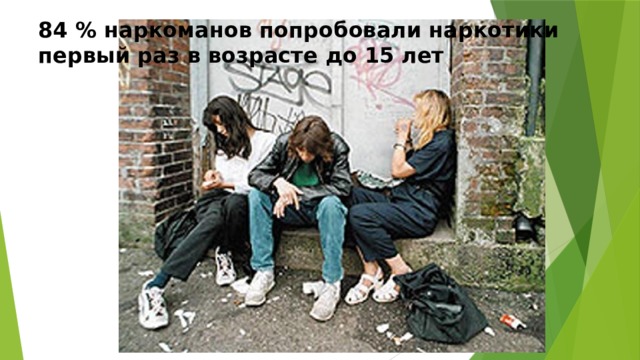 84 % наркоманов попробовали наркотики первый раз в возрасте до 15 лет 